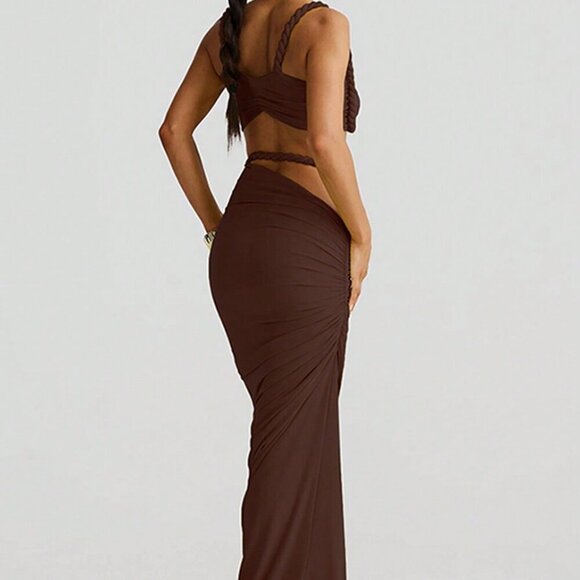 Coffee Women's Sexy Backless Camisole crop top and Hip Hugging maxi Skirt Set - Picture 2 of 5